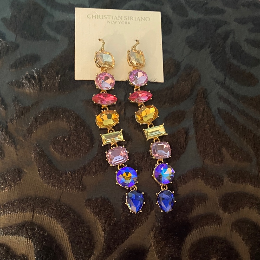 Christian Siriano Rainbow Crystal Linear Drop Earrings with Blue Accents💙💛🤍💓